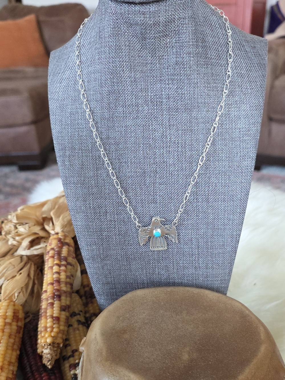 Beautiful Native American Navajo Sterling & Turquoise Thunderbird Necklace 🩵🩶